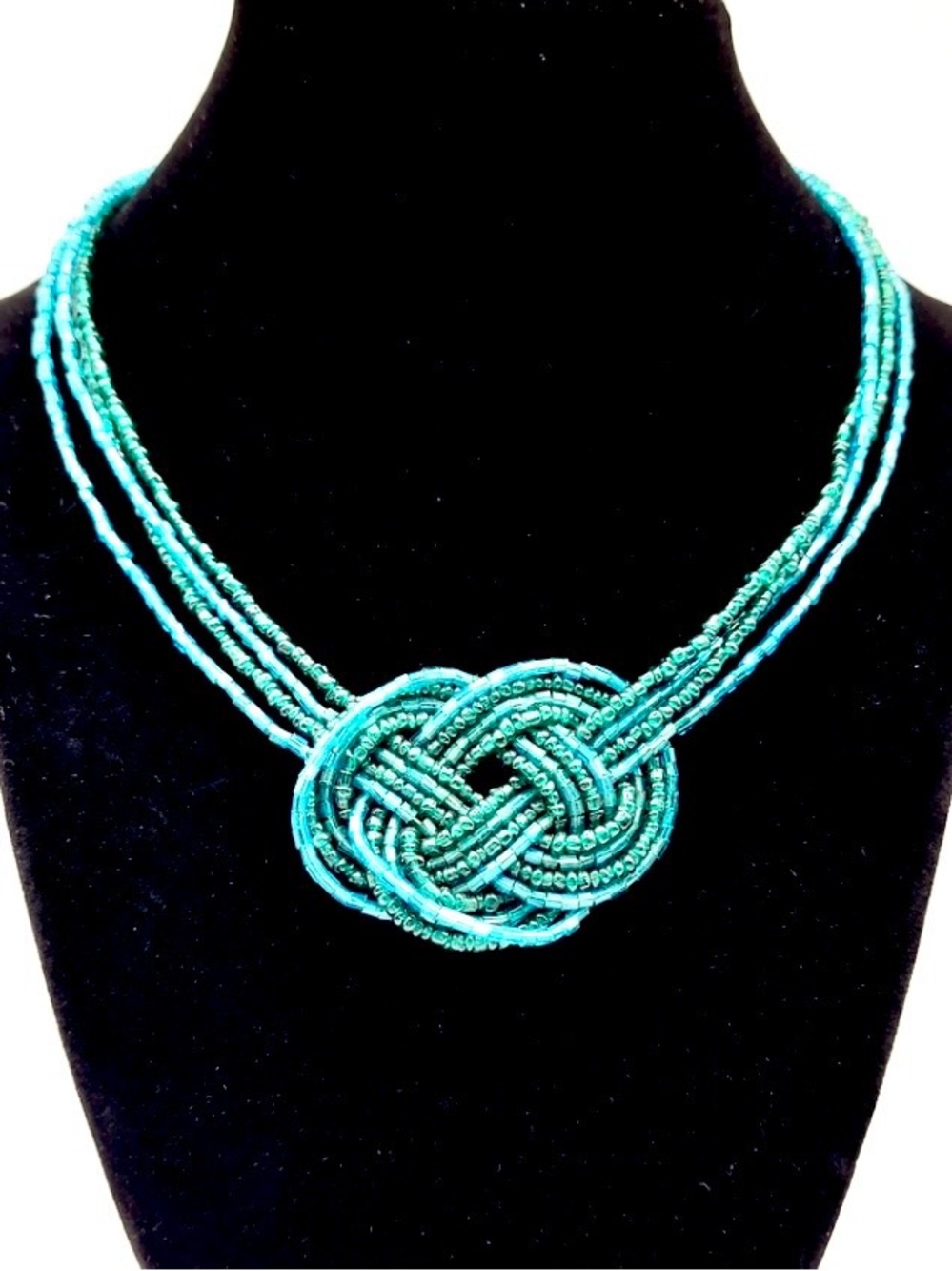 Turquoise Seed Bead Knot Statement Necklace Multi Strand Boho